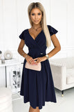 Navy Flared Dress with Envelope Neckline and Short Sleeves