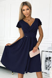 Navy Flared Dress with Envelope Neckline and Short Sleeves