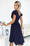 Navy Flared Dress with Envelope Neckline and Short Sleeves
