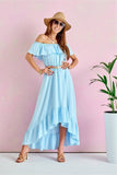 Asymmetrical Ruffle Maxi Dress with Uncovered Shoulders