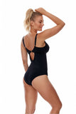 Elegant Open Back Black Swimsuit with Decorative Crease