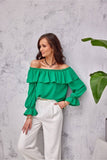 Elegant Ruffled Blouse with Open Shoulders and Wide Sleeves
