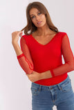 Fitted Ribbed Blouse with Transparent Sleeves and Heart Neckline
