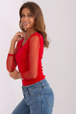 Fitted Ribbed Blouse with Transparent Sleeves and Heart Neckline
