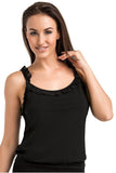 Stylish Black Women's T-Shirt with Straps and Frill Trim