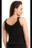 Stylish Black Women's T-Shirt with Straps and Frill Trim