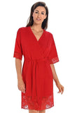 Elegant Red Women's Bathrobe with Floral Lace Detail