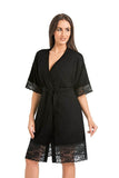 Elegant Black Women's Bathrobe with Floral Lace Trim