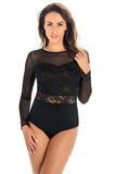 Elegant Black Lace Bodysuit with Mesh and Floral Details