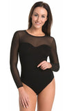 Elegant Black Women's Viscose Bodysuit with Mesh Details