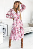 Floral Chiffon Midi Dress with Long Sleeves and Belt