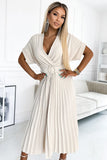 Pleated Midi Dress with Envelope Neckline and Wide Belt