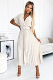 Pleated Midi Dress with Envelope Neckline and Wide Belt