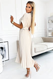 Pleated Midi Dress with Envelope Neckline and Wide Belt