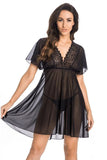 Seductive Black Mesh Chemise with Lace and Flutter Sleeves