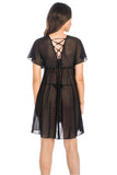 Seductive Black Mesh Chemise with Lace and Flutter Sleeves