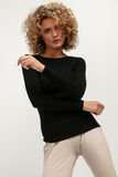 Soft Ribbed Long-Sleeve Fitted Blouse with Boat Neckline