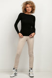 Soft Ribbed Long-Sleeve Fitted Blouse with Boat Neckline
