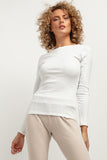 Soft Ribbed Long-Sleeve Fitted Blouse with Boat Neckline