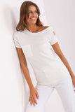 Asymmetrical Neckline Short Sleeve Ribbed Blouse with Pocket