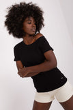 Fitted Short Sleeve Ribbed Blouse with Symmetrical Neckline