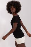 Fitted Short Sleeve Ribbed Blouse with Symmetrical Neckline