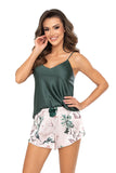 Silk Satin Floral Pajama Set in Deep Green and Pink