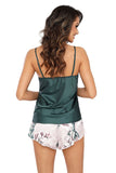 Silk Satin Floral Pajama Set in Deep Green and Pink