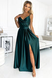 Elegant Green Satin Maxi Gown with Straps and Slit