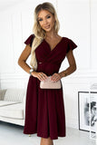Burgundy Flared Dress with Envelope Neckline and Short Sleeves