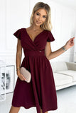 Burgundy Flared Dress with Envelope Neckline and Short Sleeves