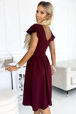 Burgundy Flared Dress with Envelope Neckline and Short Sleeves