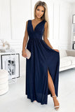 Elegant Navy Blue Long Gown with Leg Slit and Neckline