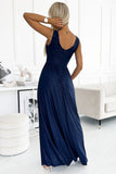 Elegant Navy Blue Long Gown with Leg Slit and Neckline