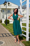 Elegant Midi Dress with Envelope Neckline and Back Zipper