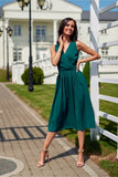 Elegant Midi Dress with Envelope Neckline and Back Zipper