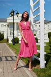 Elegant Midi Dress with Envelope Neckline and Back Zip