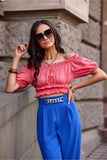Short Spanish Cut Blouse with Ruffles and Decorative Creases