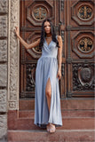 Shimmering Brocade Maxi Dress with Back Tie and Slit