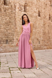 Shimmering Brocade Maxi Dress with Back Tie and Slit