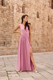 Shimmering Brocade Maxi Dress with Back Tie and Slit