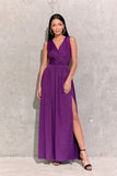 Elegant Brocade Maxi Dress with Back Tie and Shimmer