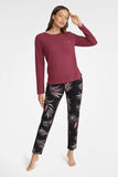 Burgundy Long Sleeve Two-Piece Pajama Set with Patterned Pants