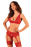 Fiery Red Lingerie Set with Bra, Garter Belt, and Thong