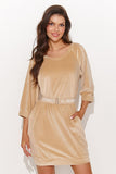 Elegant Velour Knit Mini Dress with Belt in Sand & Black
