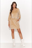 Elegant Velour Knit Mini Dress with Belt in Sand & Black
