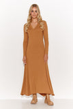Long Viscose Dress with Heart Neckline and Flared Bottom