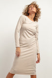 Elegant Fitted Midi Dress with Boat Neckline and Hems