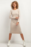 Elegant Fitted Midi Dress with Boat Neckline and Hems