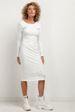 Elegant Fitted Midi Dress with Boat Neckline and Hems